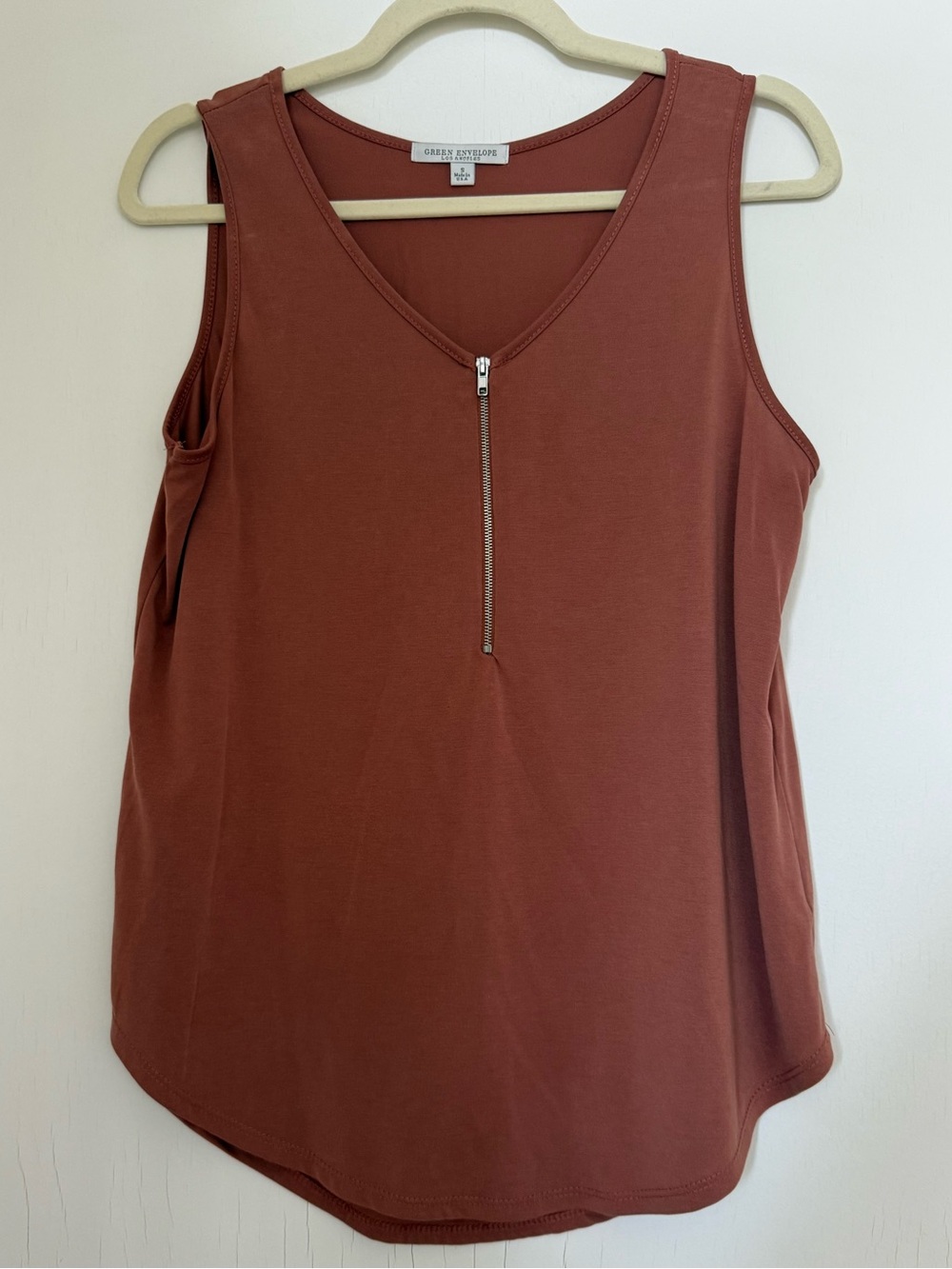 Green Envelope Rust-Red Zip Front V-Neck Tank
